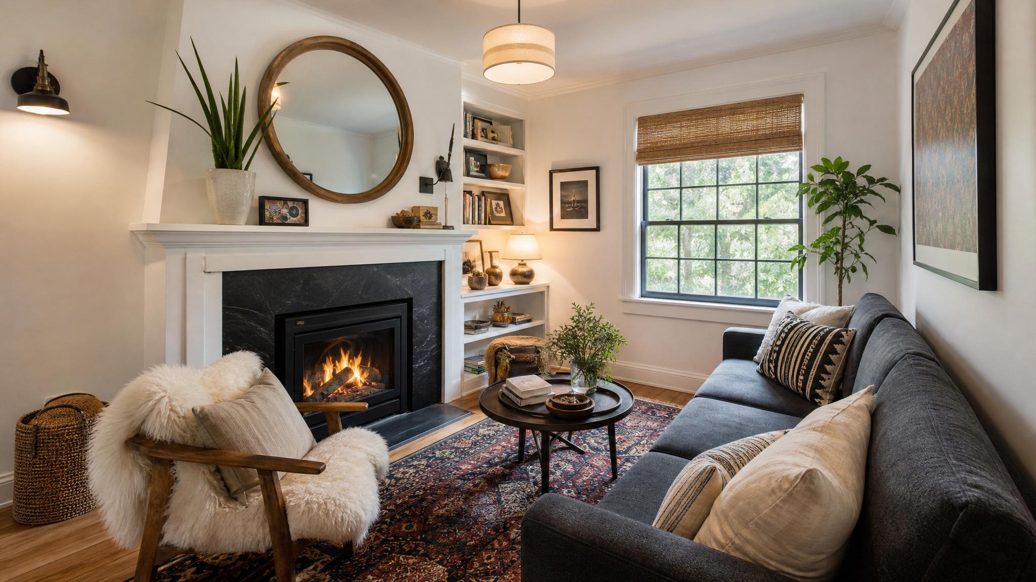 Image of a cozy, small living room with eclectic design elements.