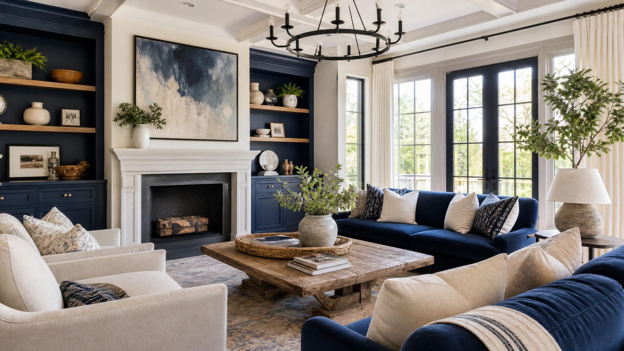 A beautifully designed living room featuring a navy blue and cream color palette.