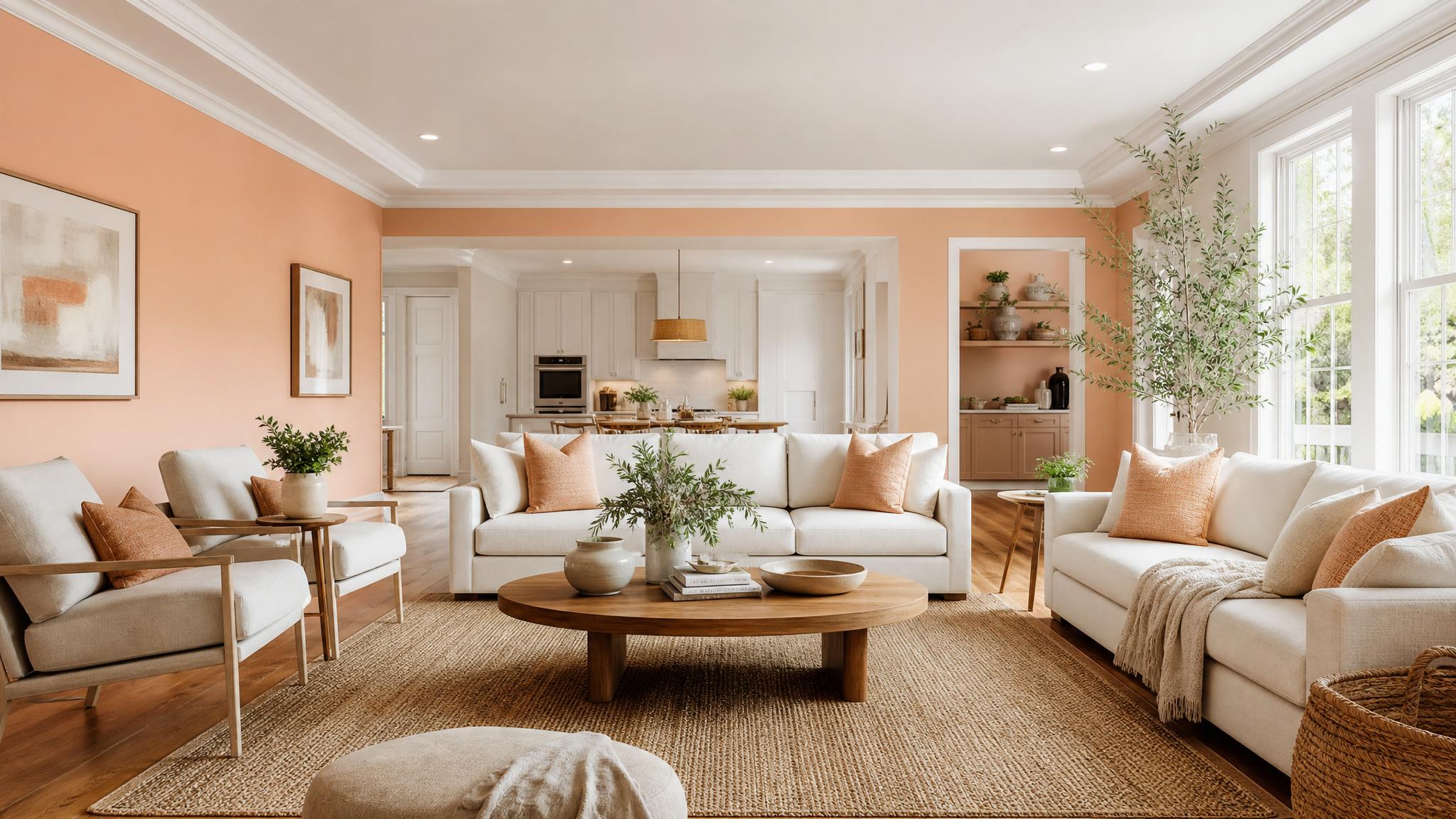 Living room showcasing warm peach and cream colors.
