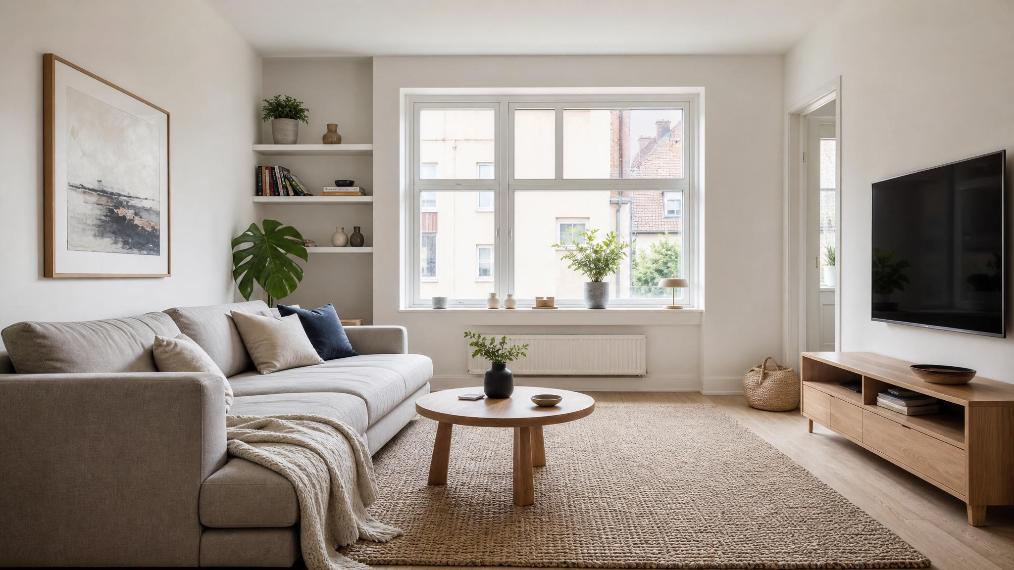 Nordic small living room with natural lighting and minimal furniture.