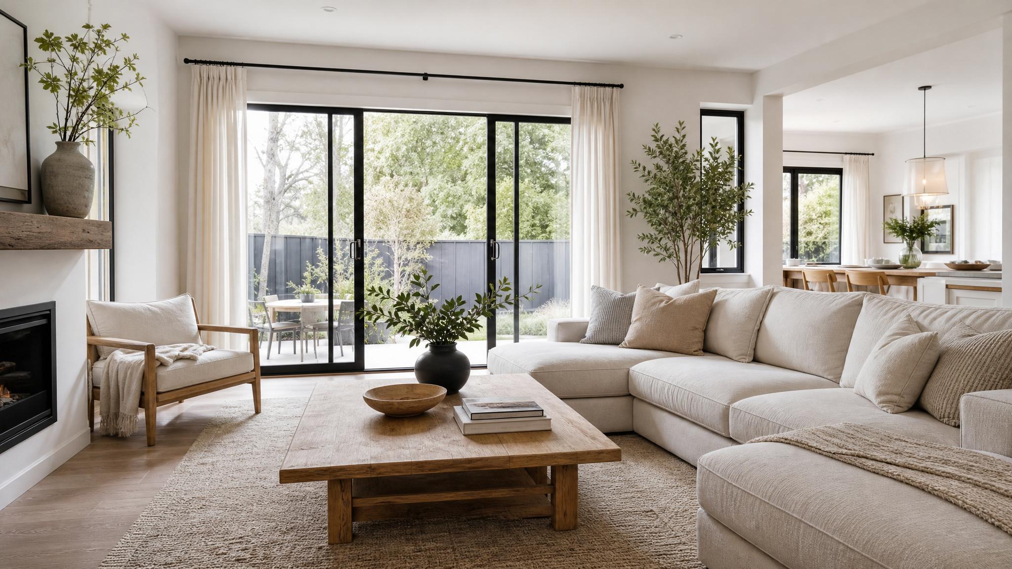 Bright Nordic living room with beige sectional and wooden coffee table.