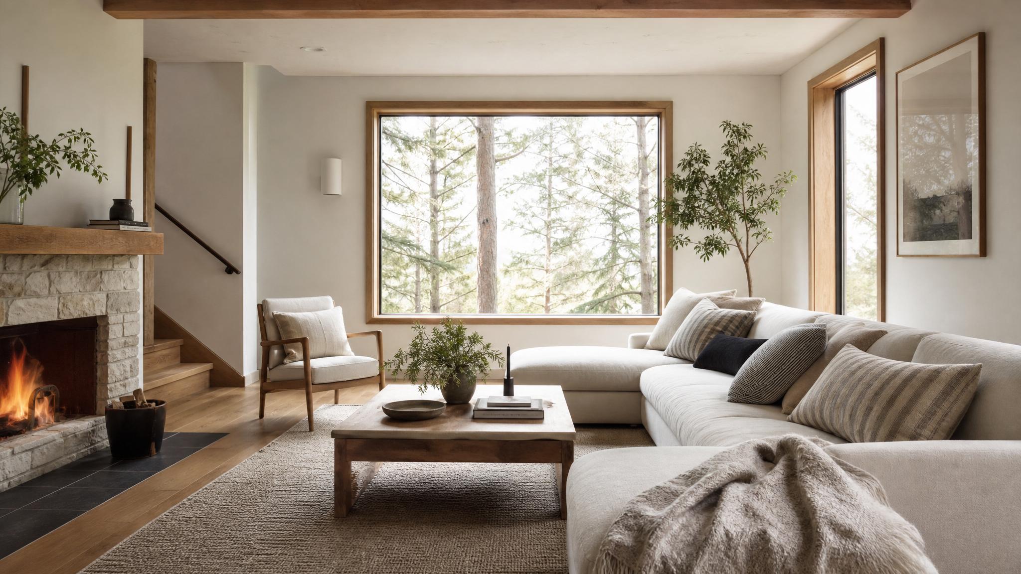 Cozy Nordic living room with minimal decor and warm textiles.