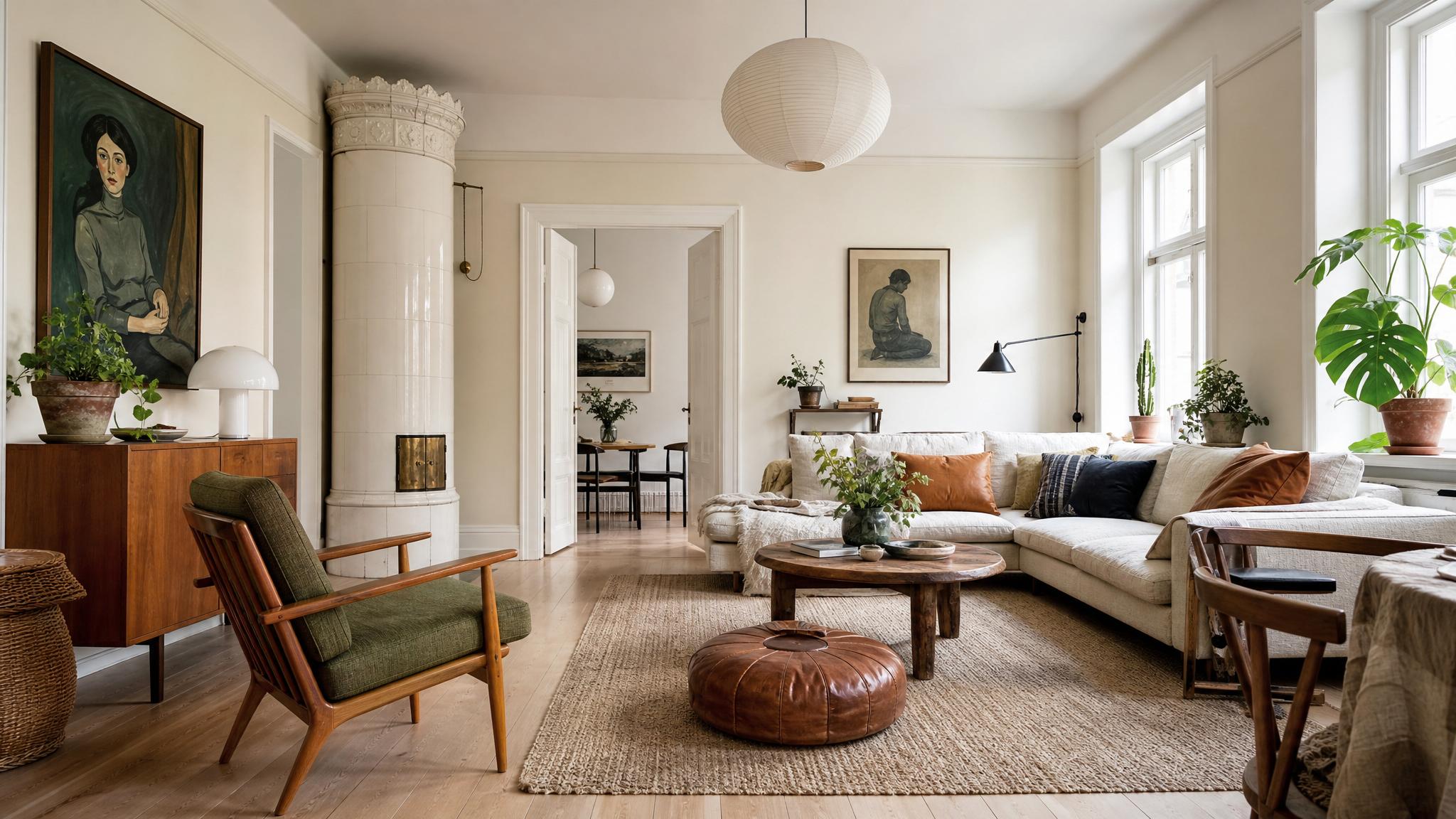 Eclectic Nordic living room with modern and vintage furniture.