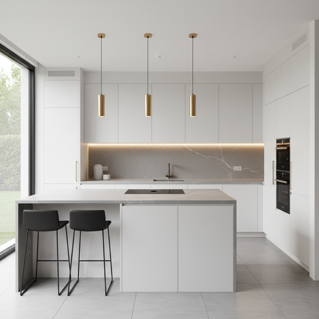 Image of a modern kitchen design with clean lines and contemporary finishes.