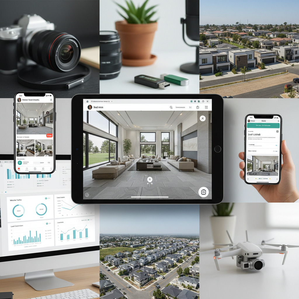 A collage of various digital marketing tools for real estate.