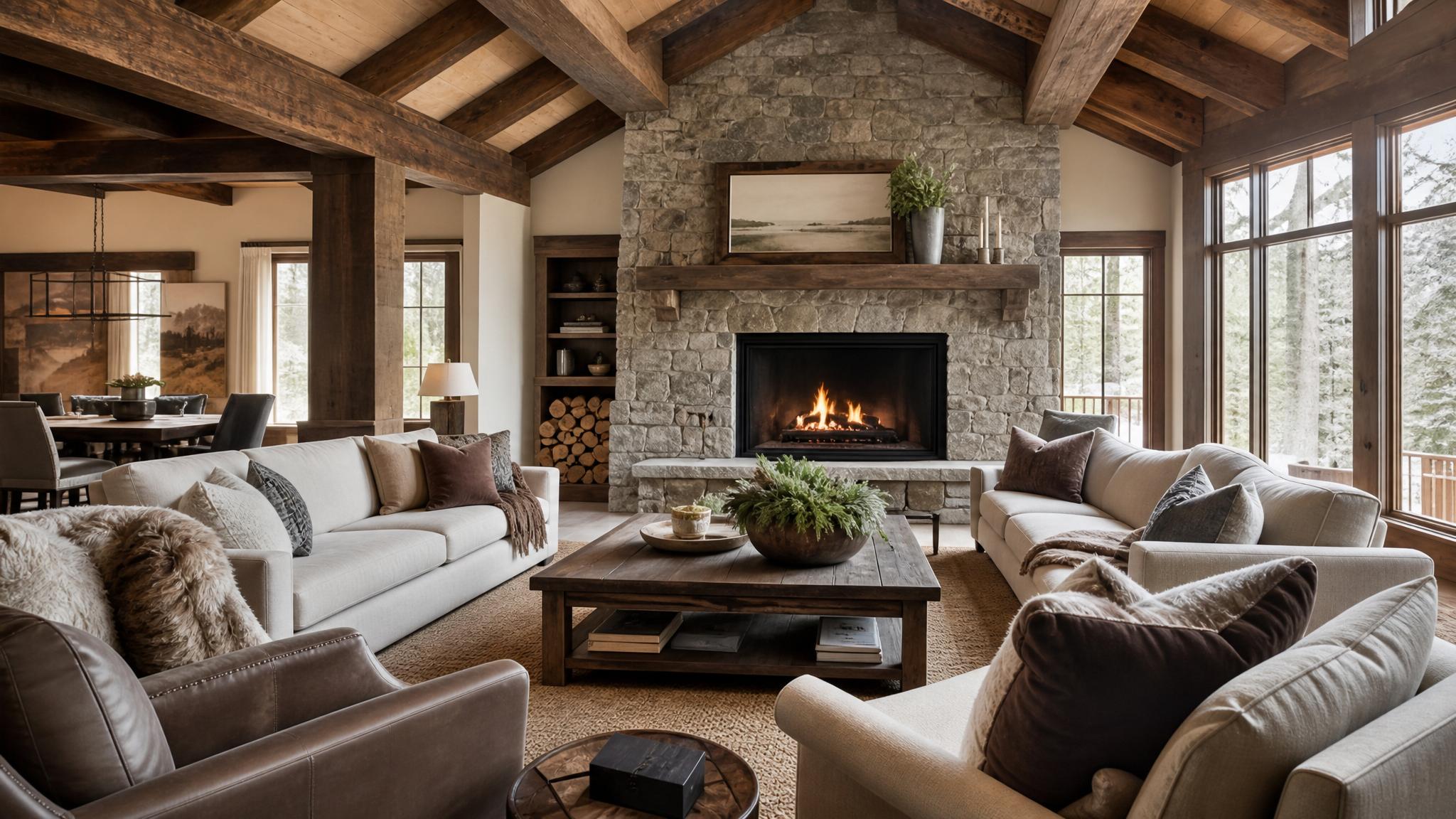 Rustic living room with wood beams and a stone fireplace
