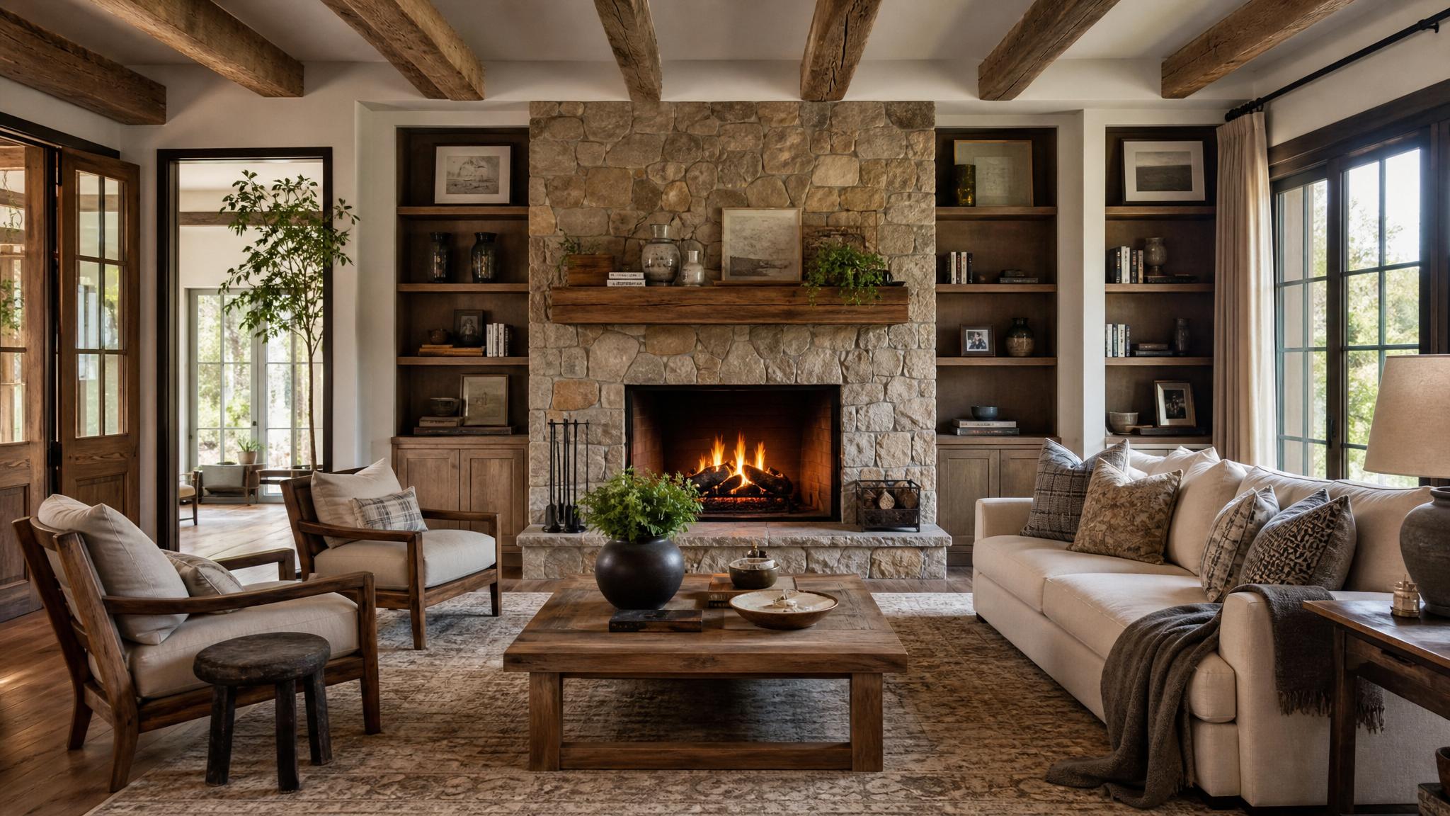 Cozy rustic living room with layered textures