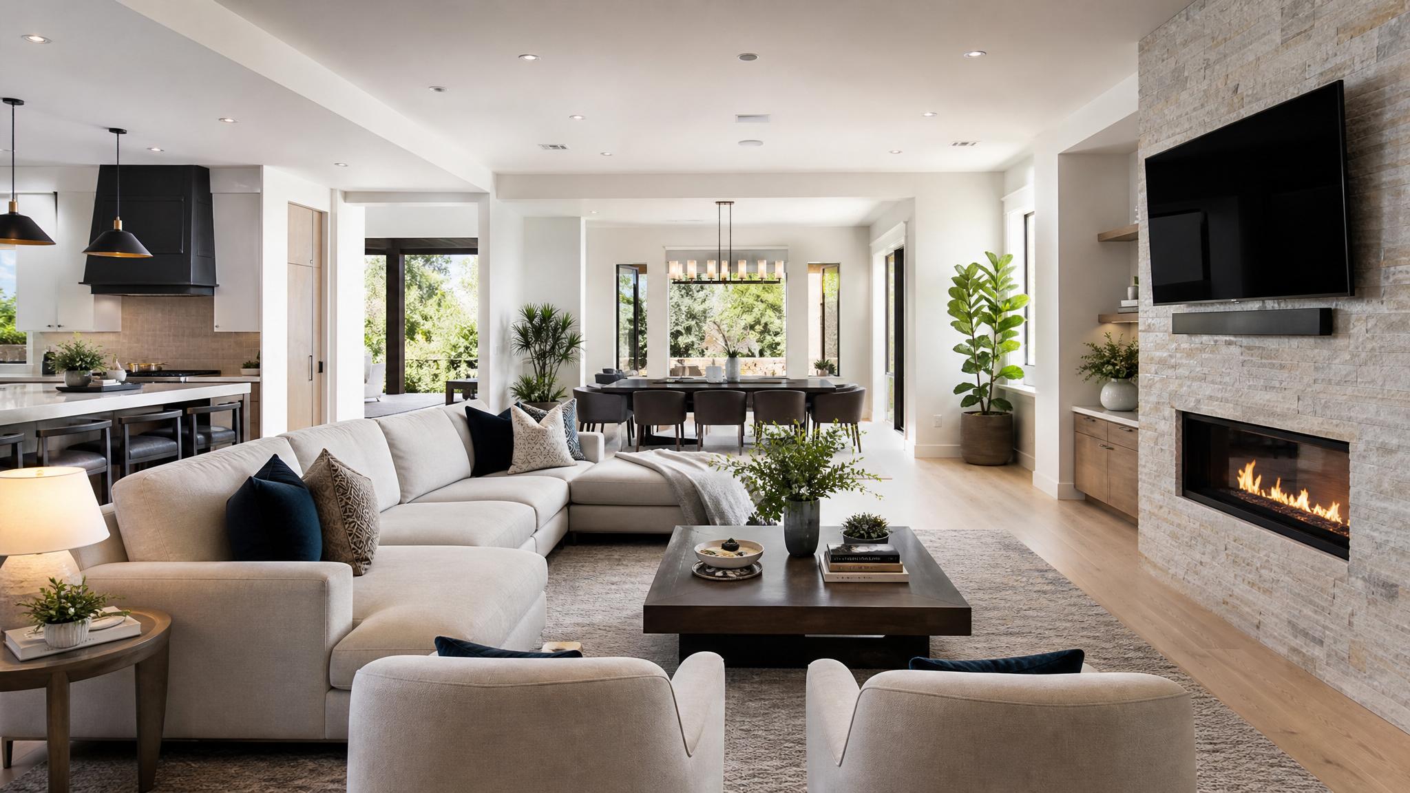 A luxurious open-plan living room featuring sleek furniture, sophisticated decor, and modern amenities.