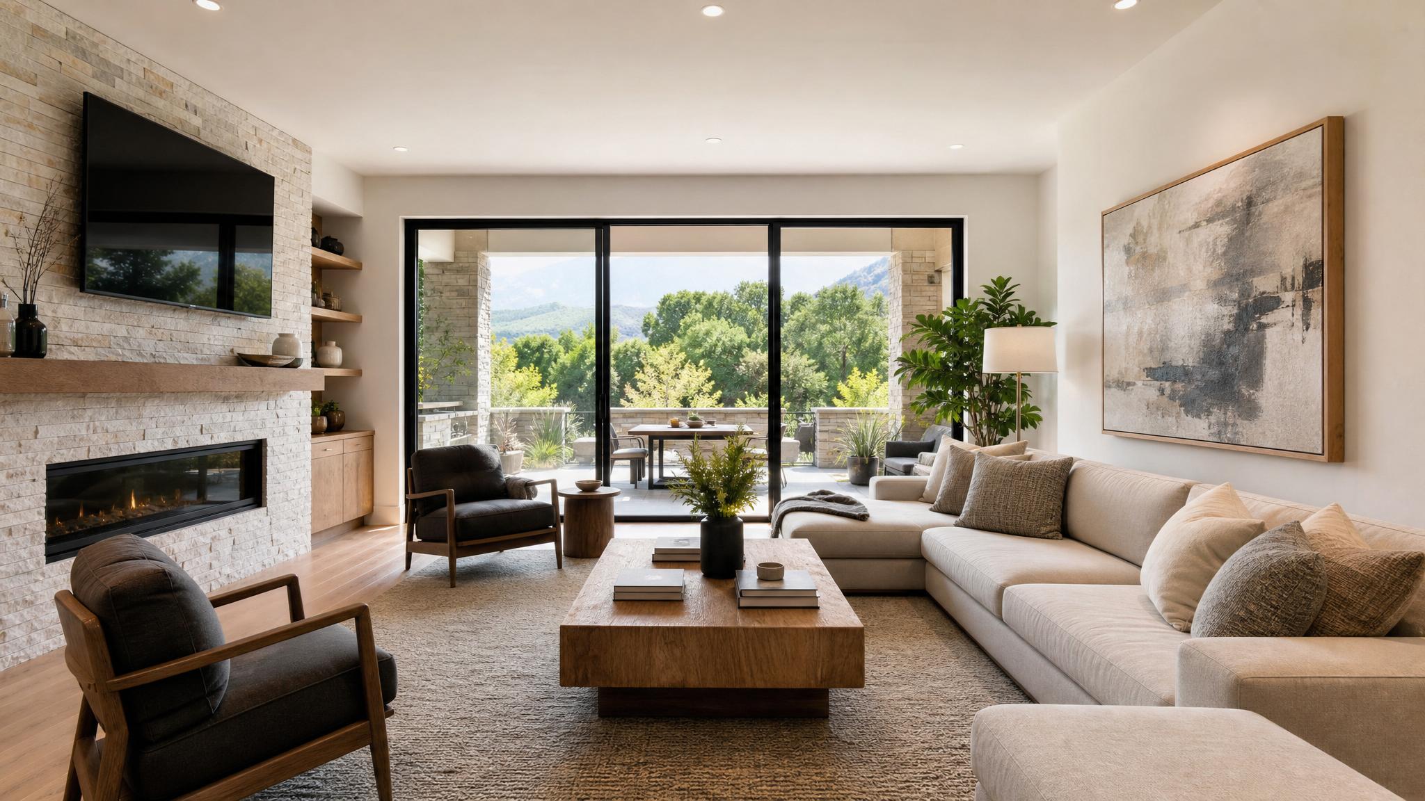 An AI-generated mockup showing a contemporary luxury living room layout.