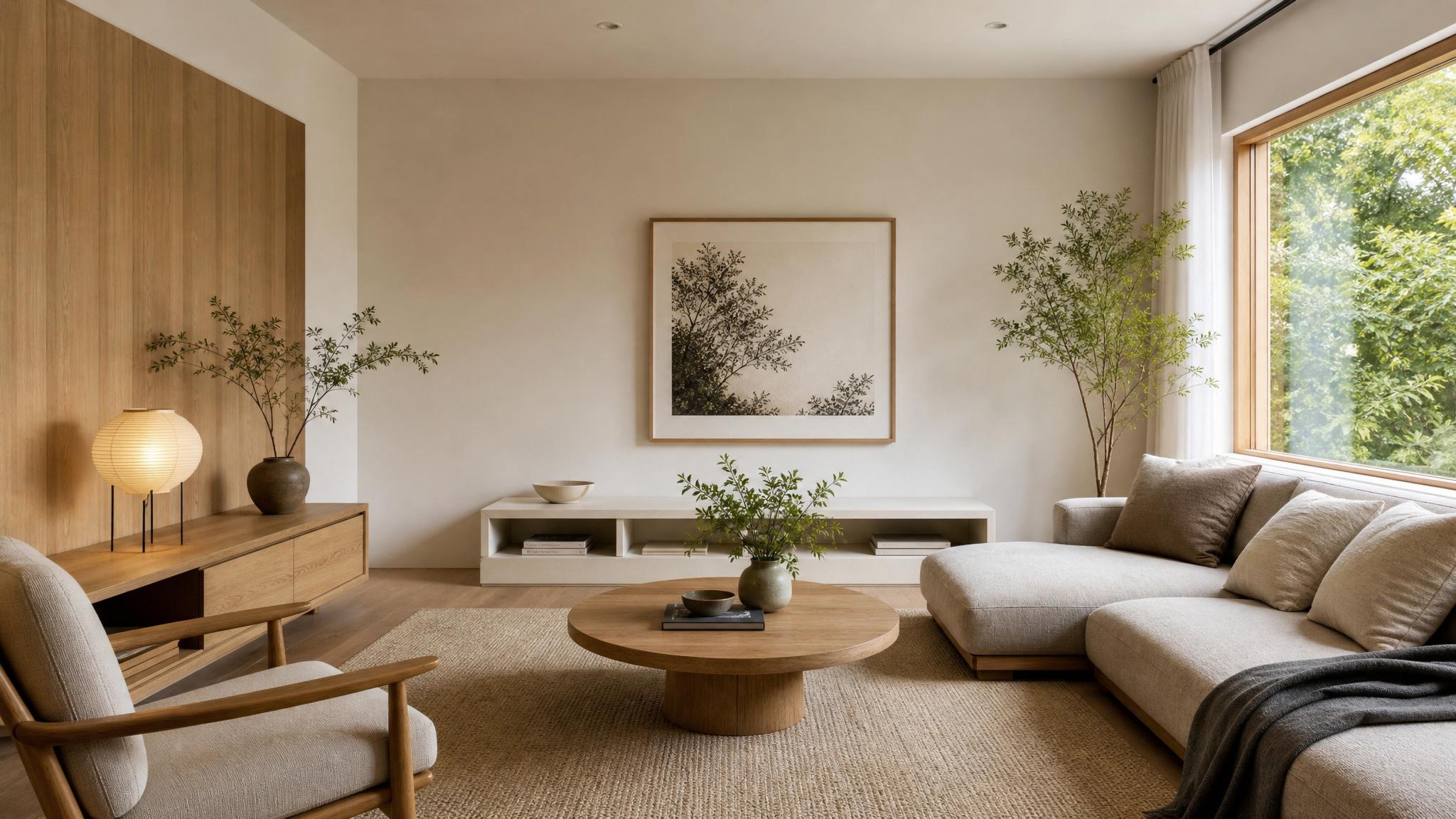 An image showing a small Japandi-style living room with minimalistic furniture