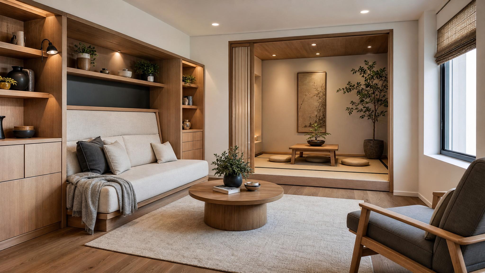 A small living room layout showing multifunctional furniture and a zen-inspired nook