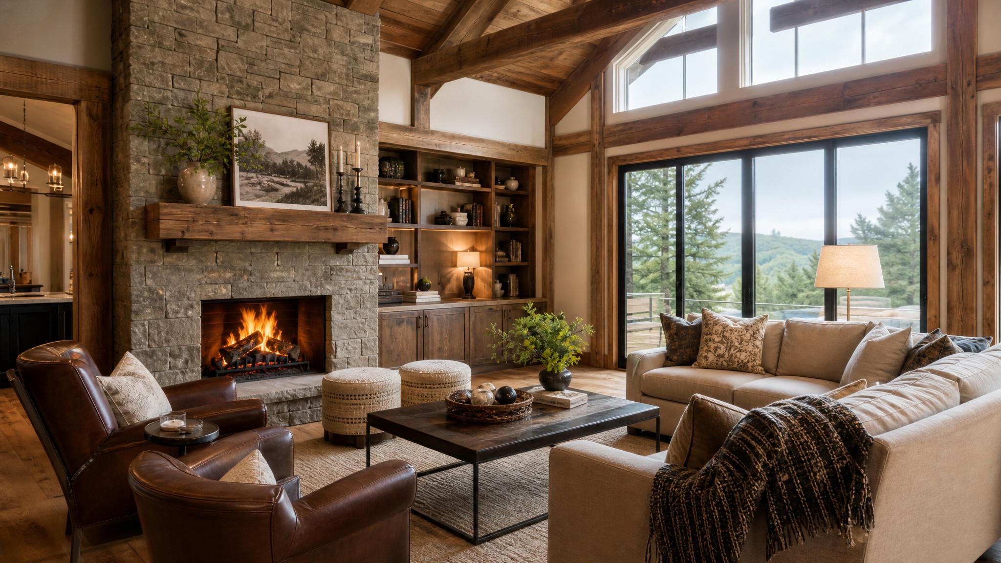A cozy rustic living room with wooden beams and a stone fireplace.