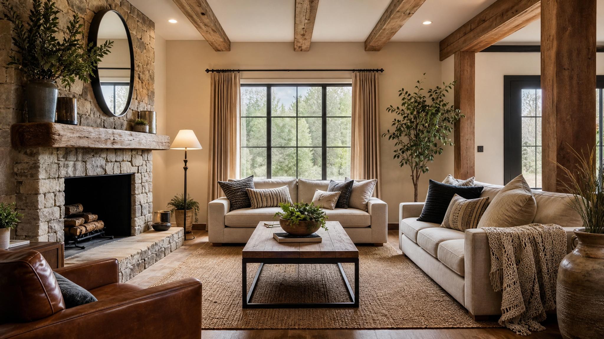 Rustic textures and materials in small living room decor.