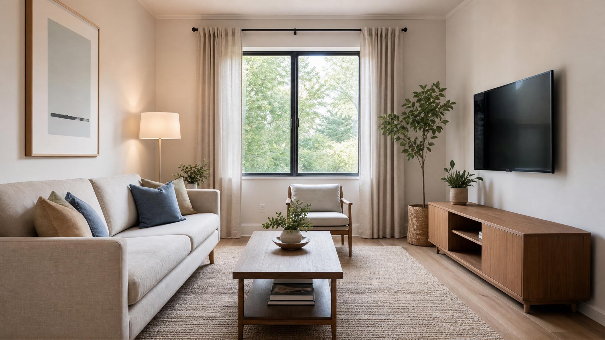 A minimalist, decluttered small living room