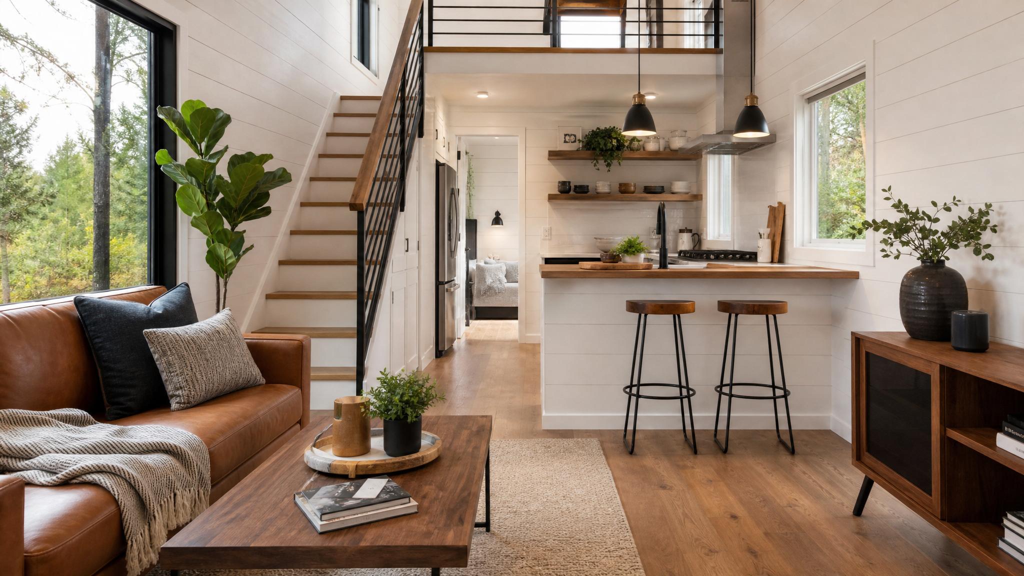 A stylish open-plan living room in a tiny house, showcasing modern furniture and decor.