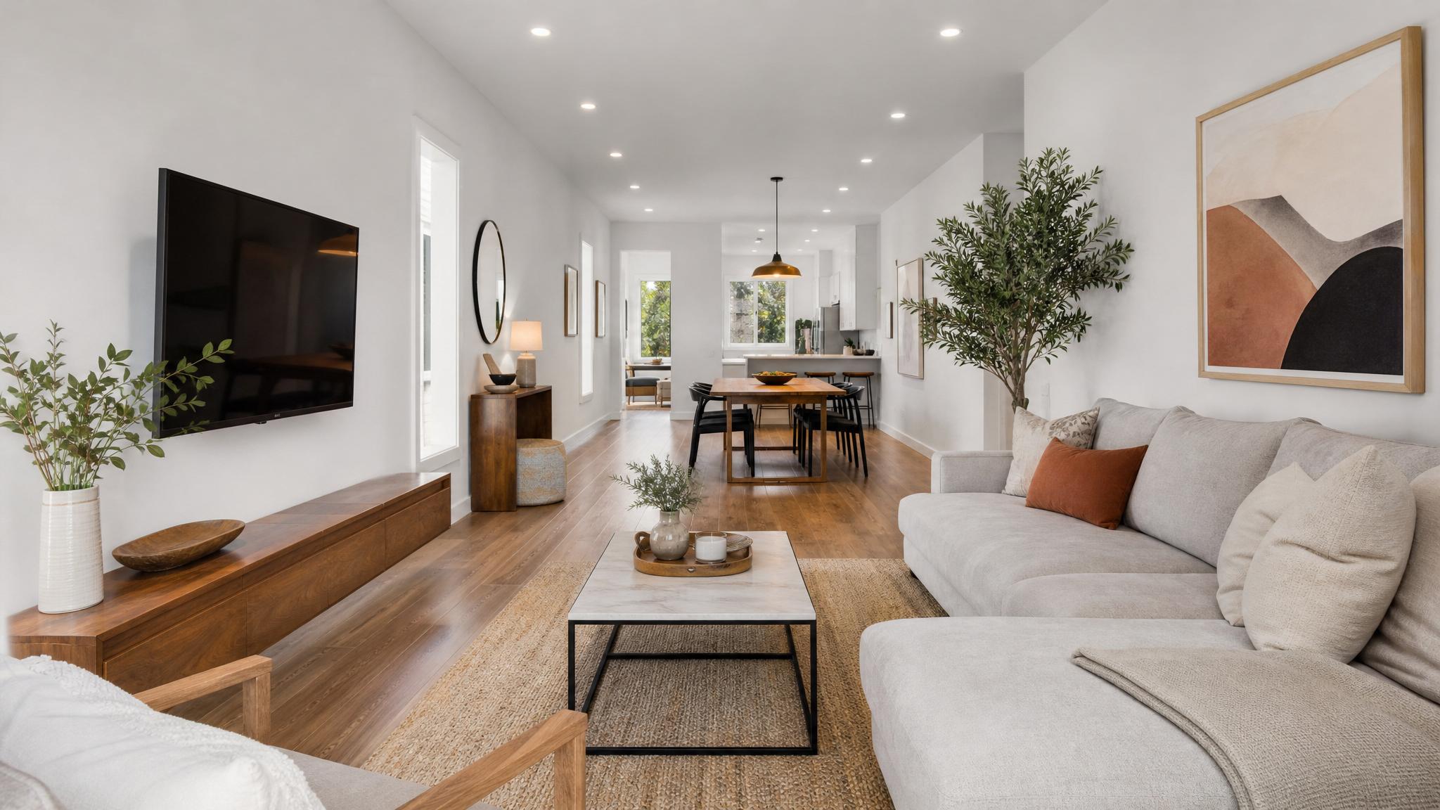 A creative linear furniture layout in a small open-plan living area, emphasizing the length of the space.