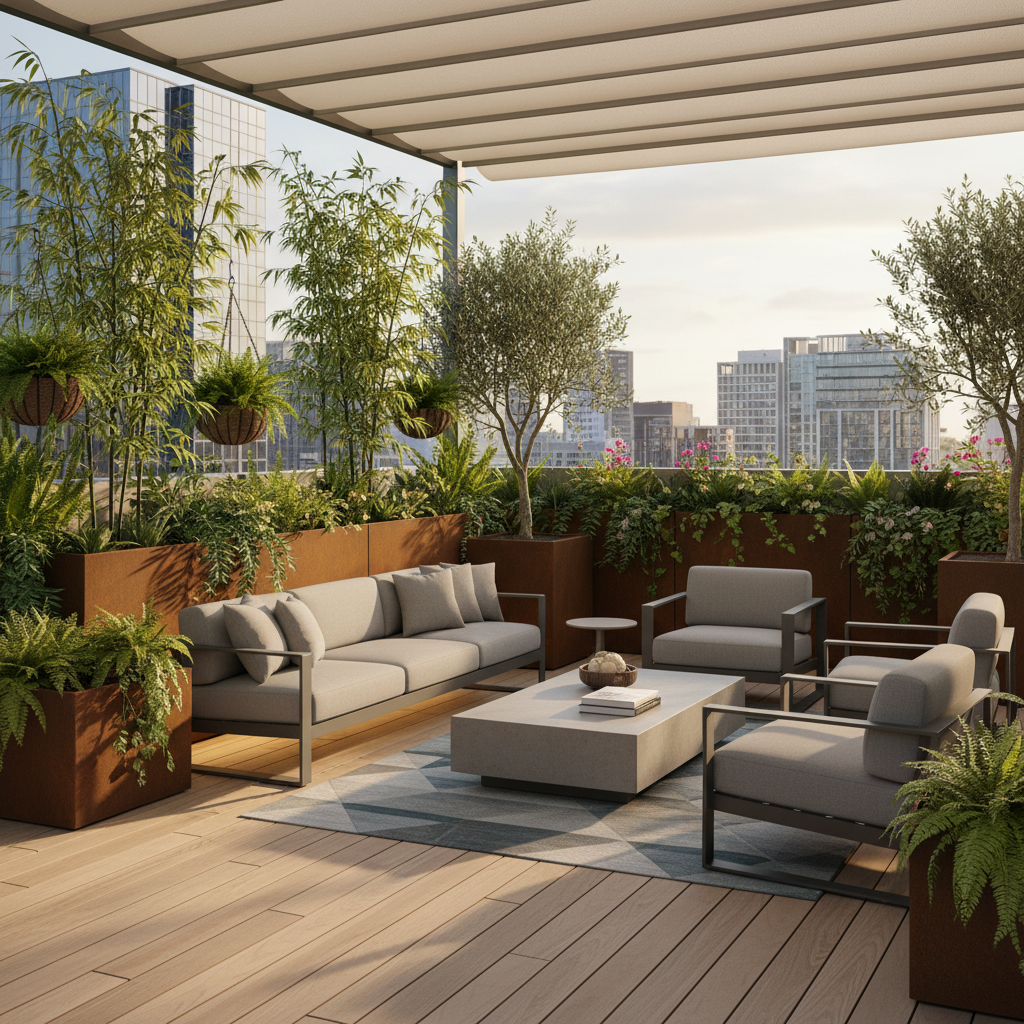 A beautifully designed modern terrace with contemporary furniture and green plants.