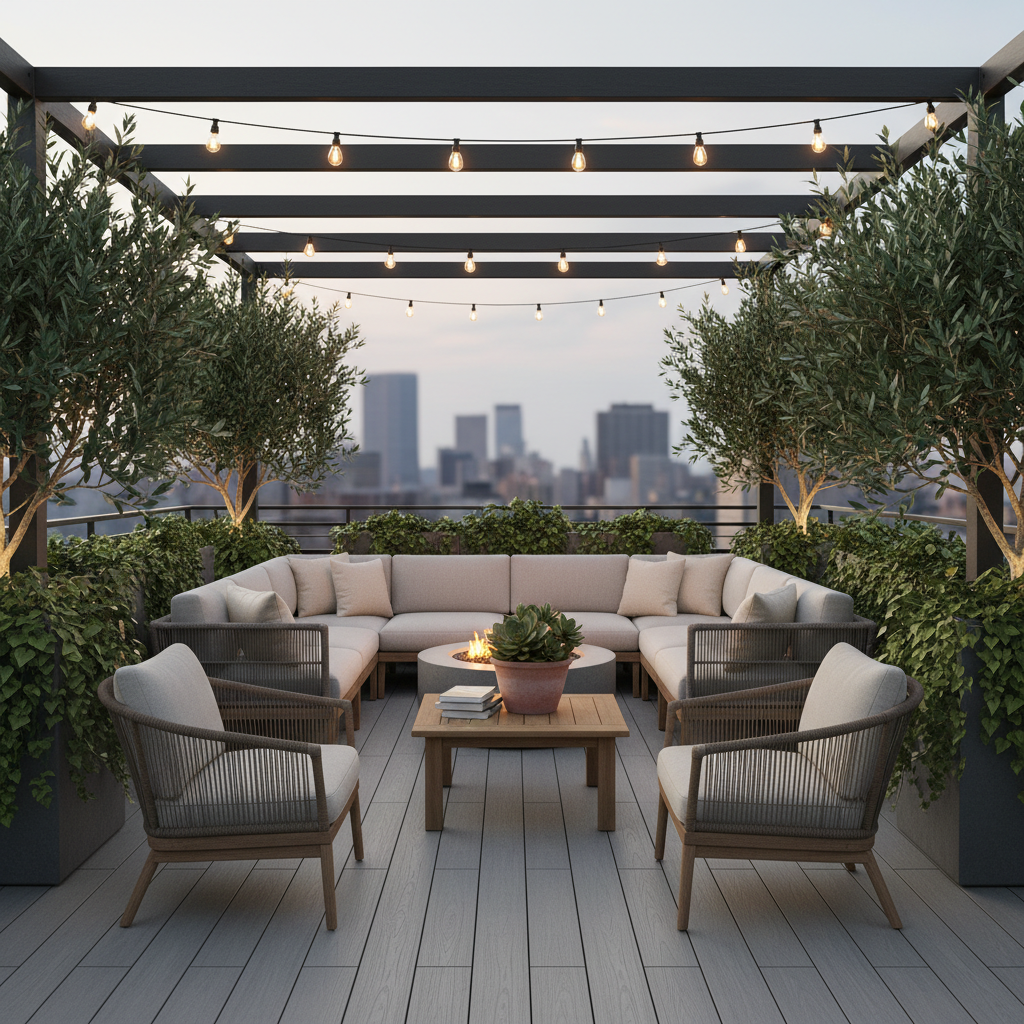 Stylish outdoor furniture setup under string lights on a terrace.