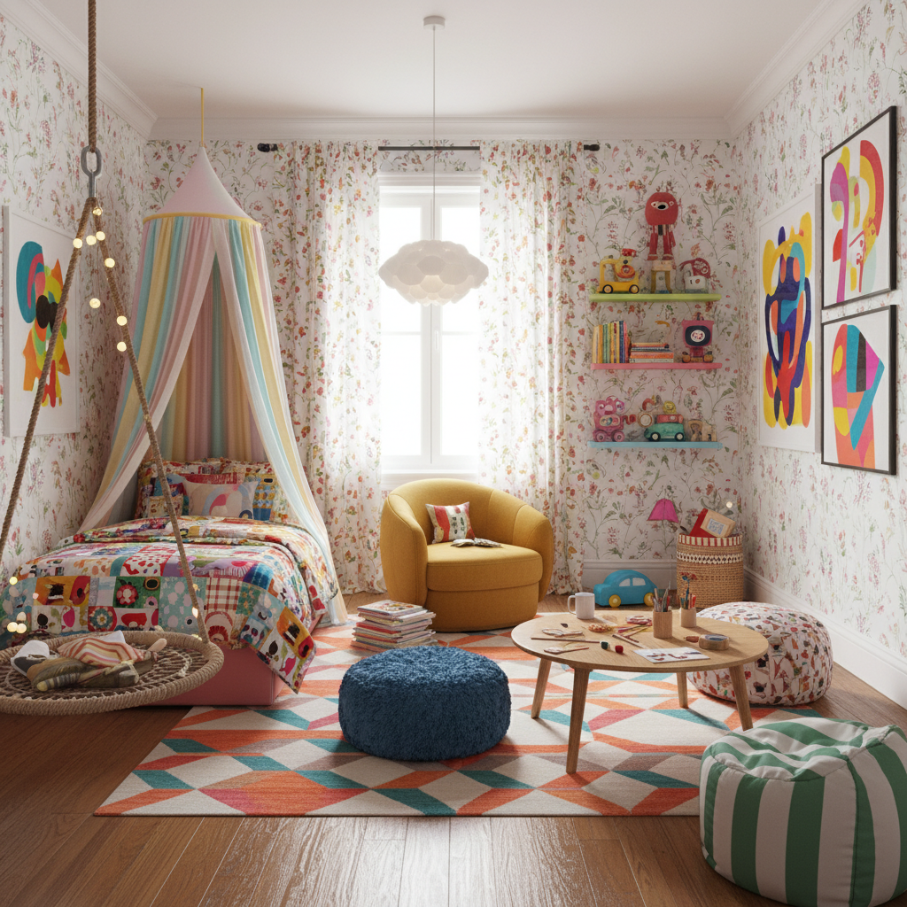 A vibrant and uniquely styled eclectic kids bedroom with a mix of colorful furnishings and playful decor.