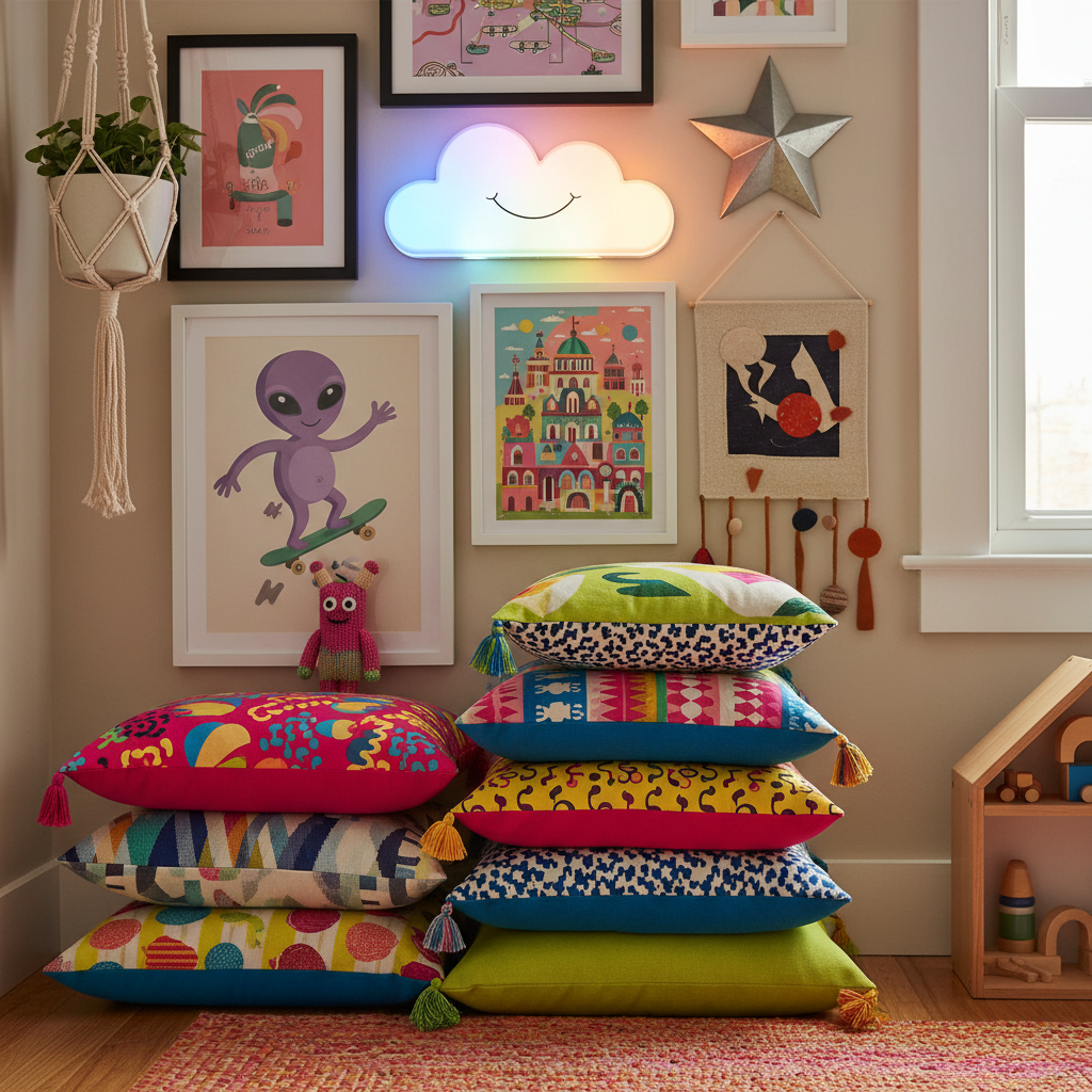 A close-up view of eclectic decor elements in a kids bedroom, showcasing colorful cushions, funky wall art, and playful lighting.