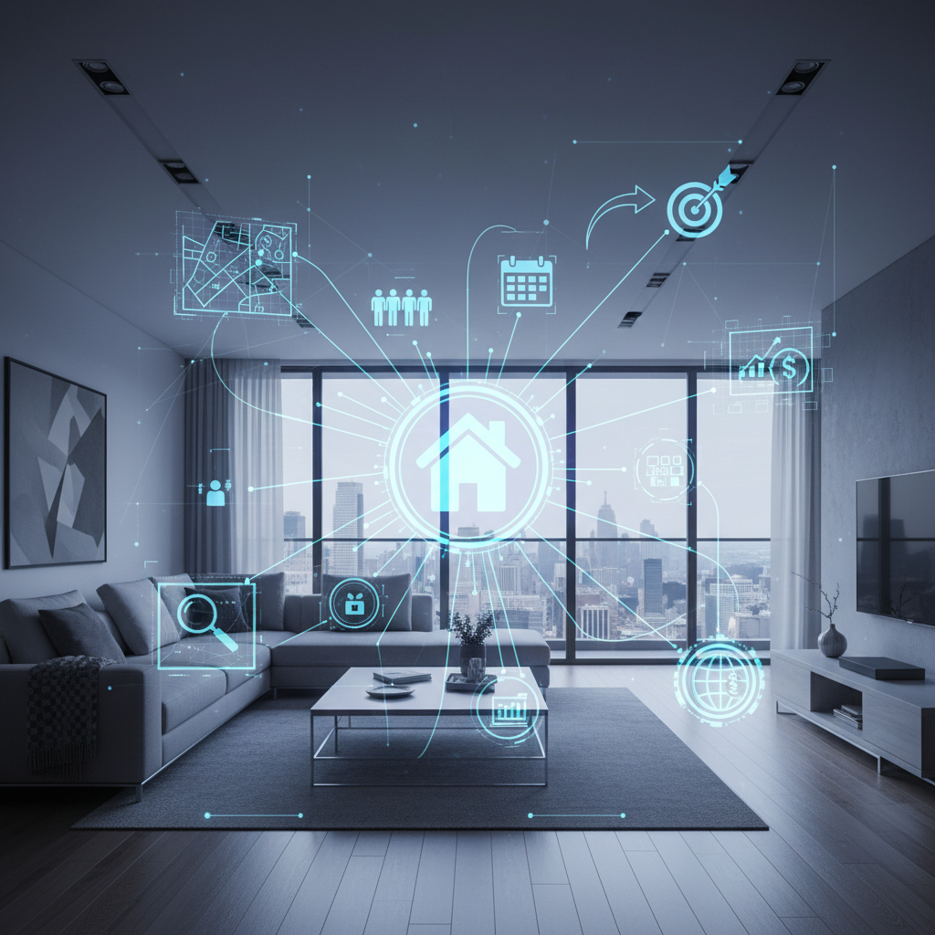 A graphic showing the concept of predictive analytics in real estate marketing.