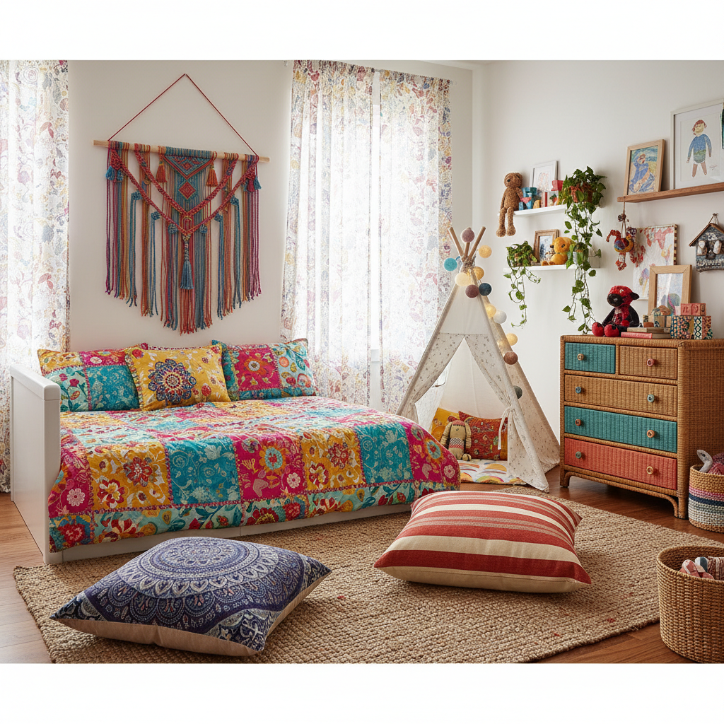 Bohemian kids bedroom with bright colors and mixed patterns