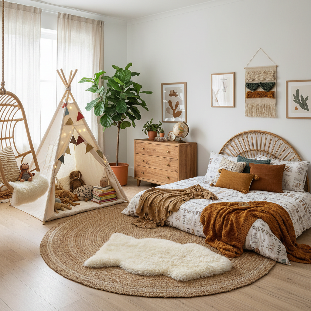 AI-generated bohemian kids bedroom design
