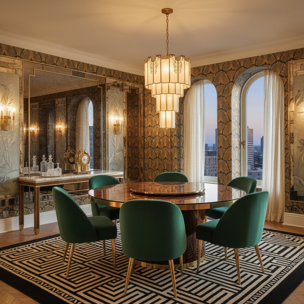 Art Deco dining room showcasing geometric patterns and luxurious materials.