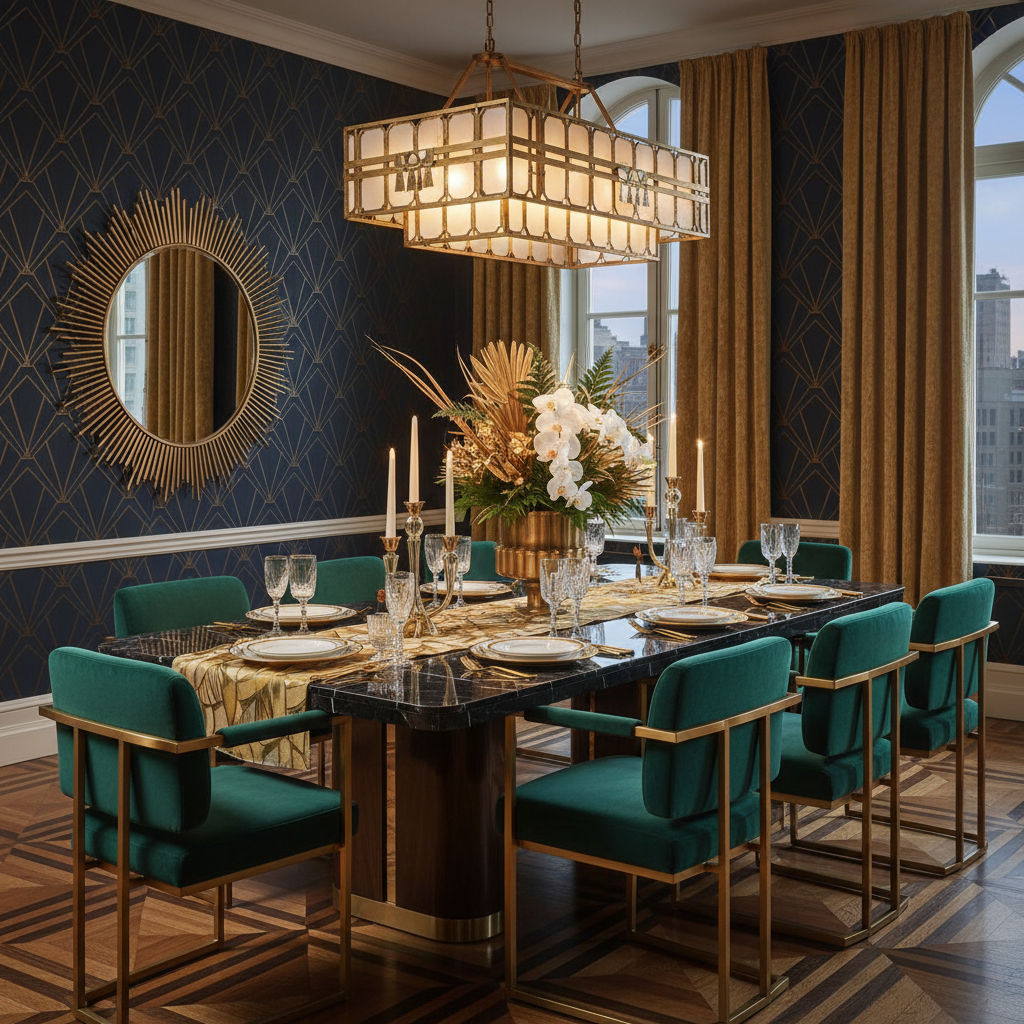 Luxurious dining table setup in an Art Deco theme.