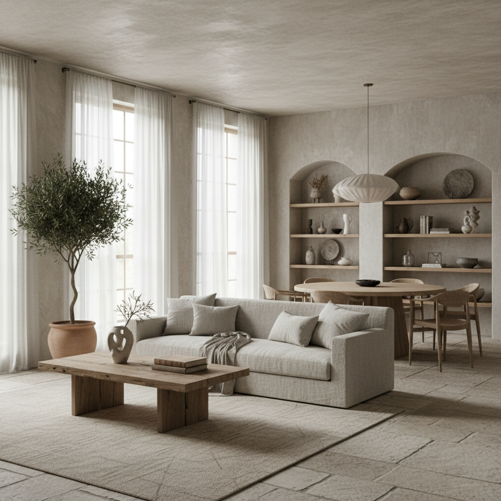 A serene wabi-sabi open-plan living room showcasing natural materials.