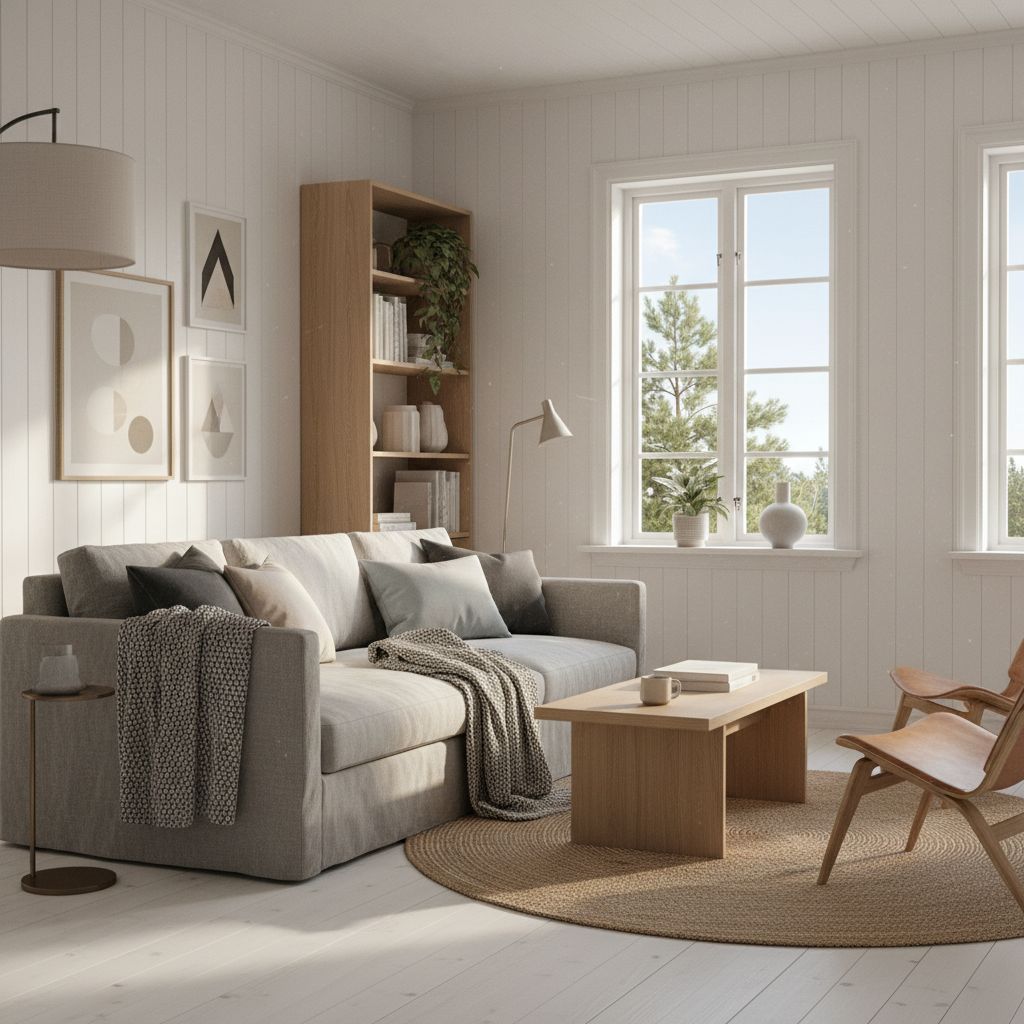 A cozy Scandinavian living room with light wood furniture, soft textiles, and a large window letting in natural light.