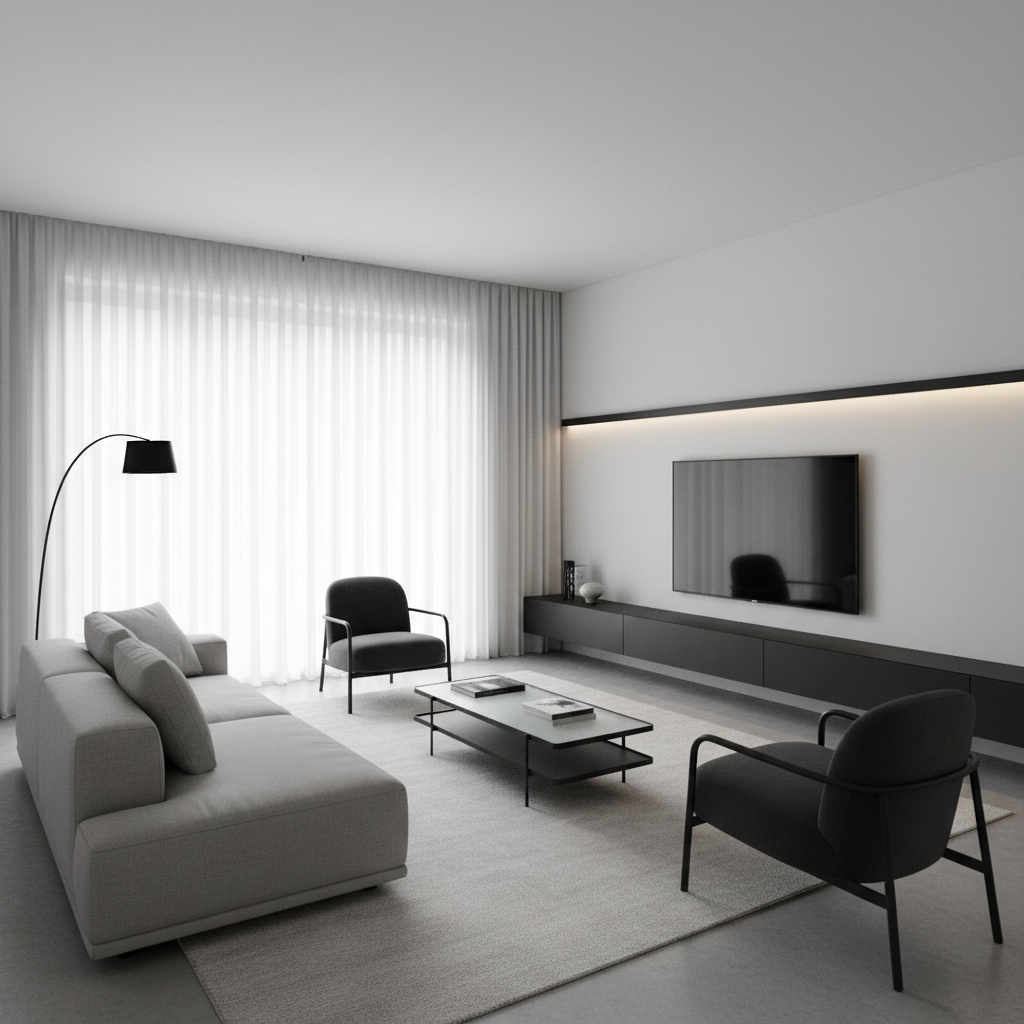 A minimalist living area showcasing a monochromatic color scheme with sleek furniture and no decor clutter.