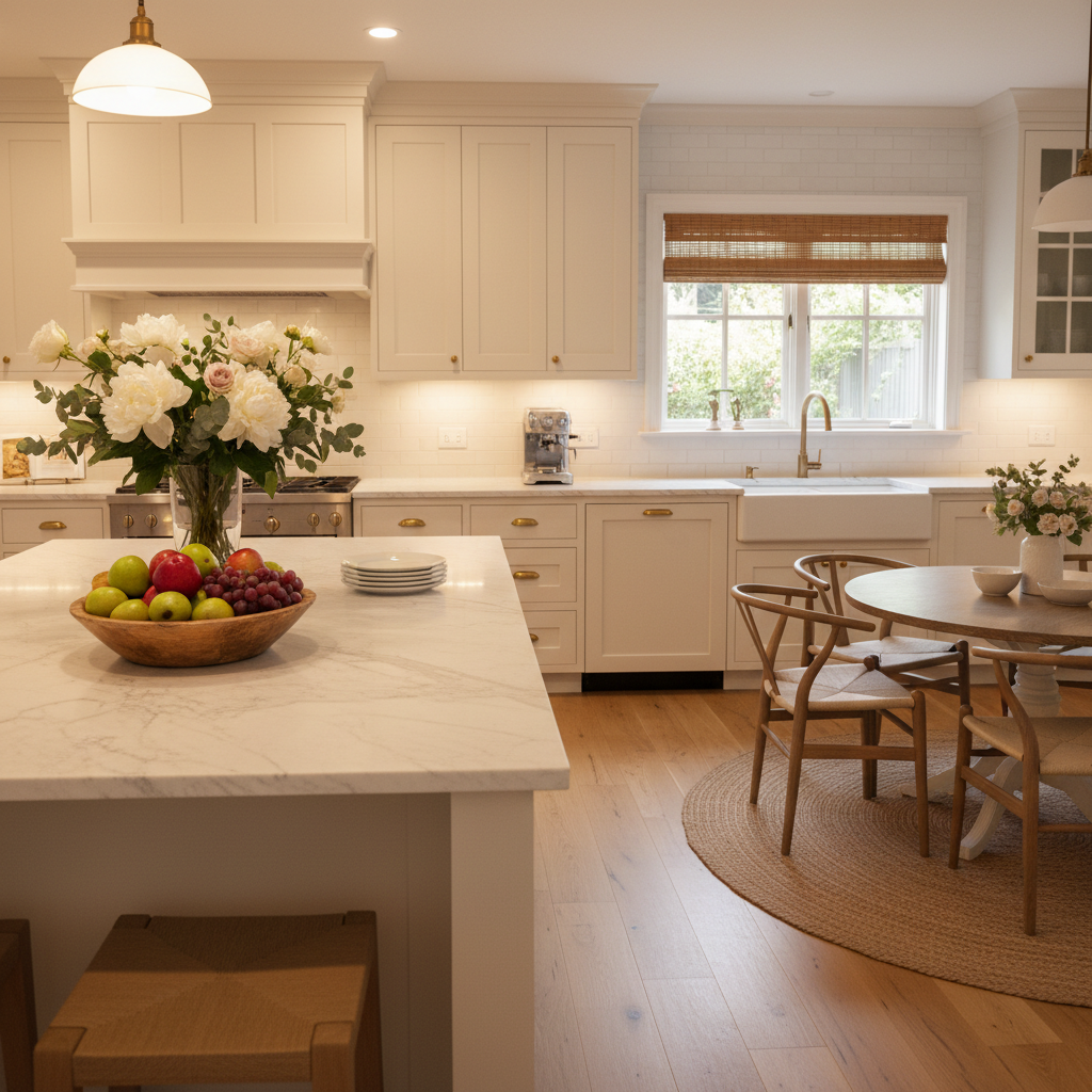 A staged kitchen with decorative elements like fruits and flowers.
