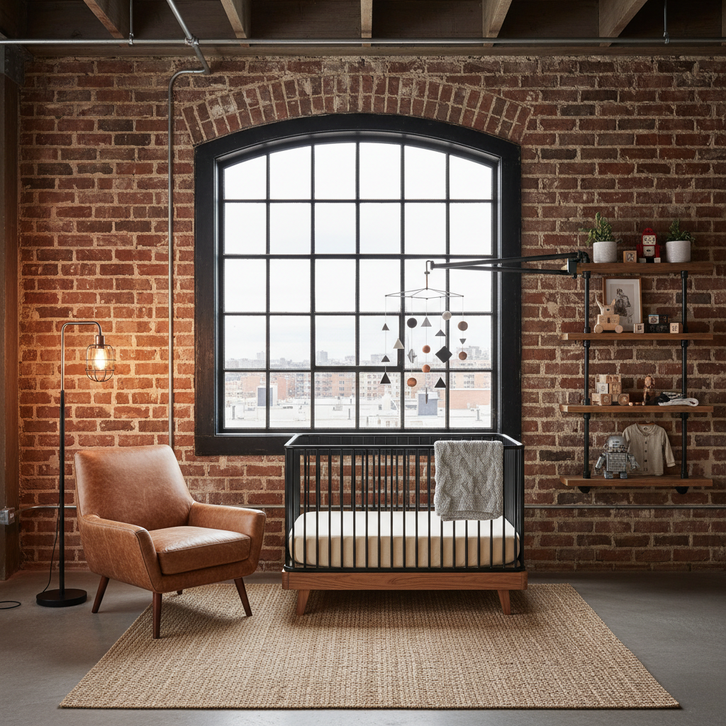 Image of an industrial nursery with exposed brick and metal accents