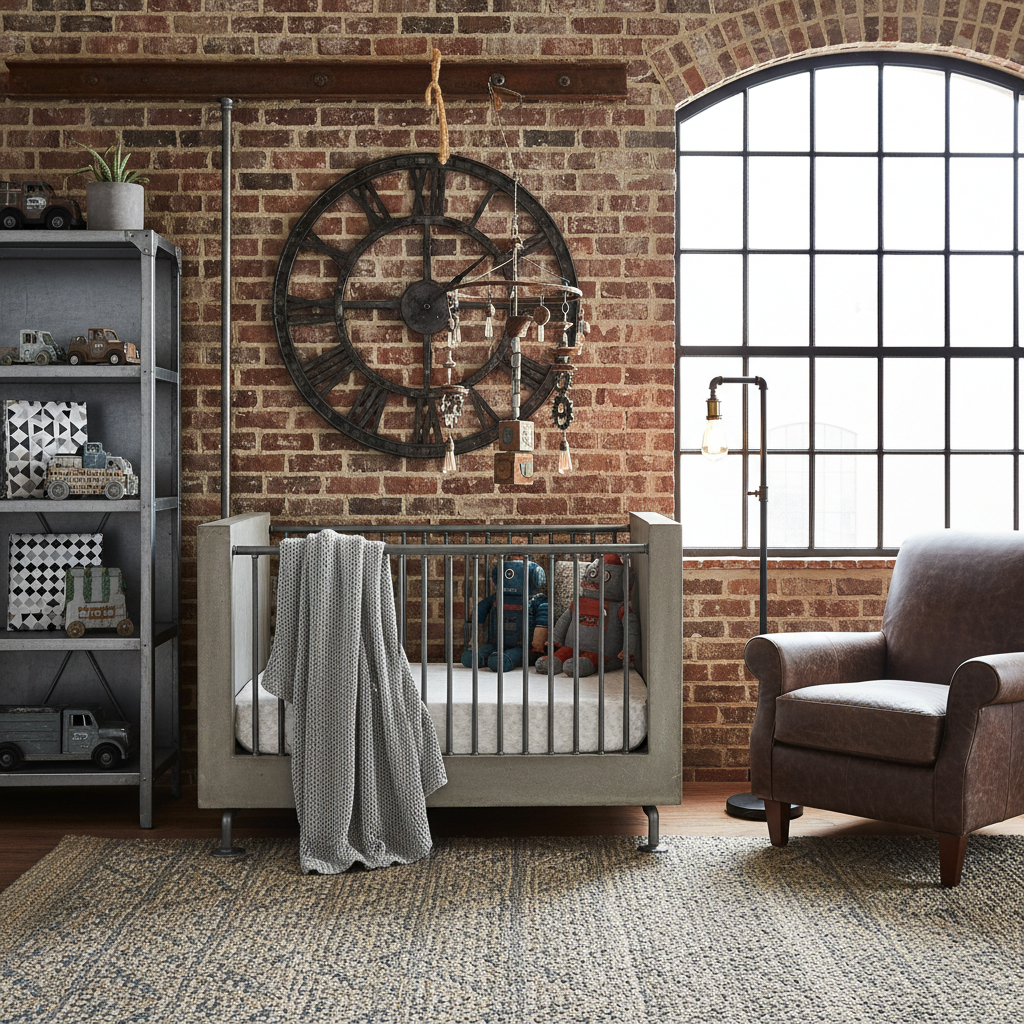 Image of various nursery decor elements suitable for an industrial theme