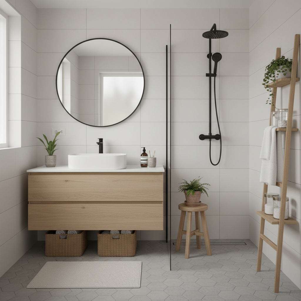 Rendered small bathroom interior in Scandinavian style