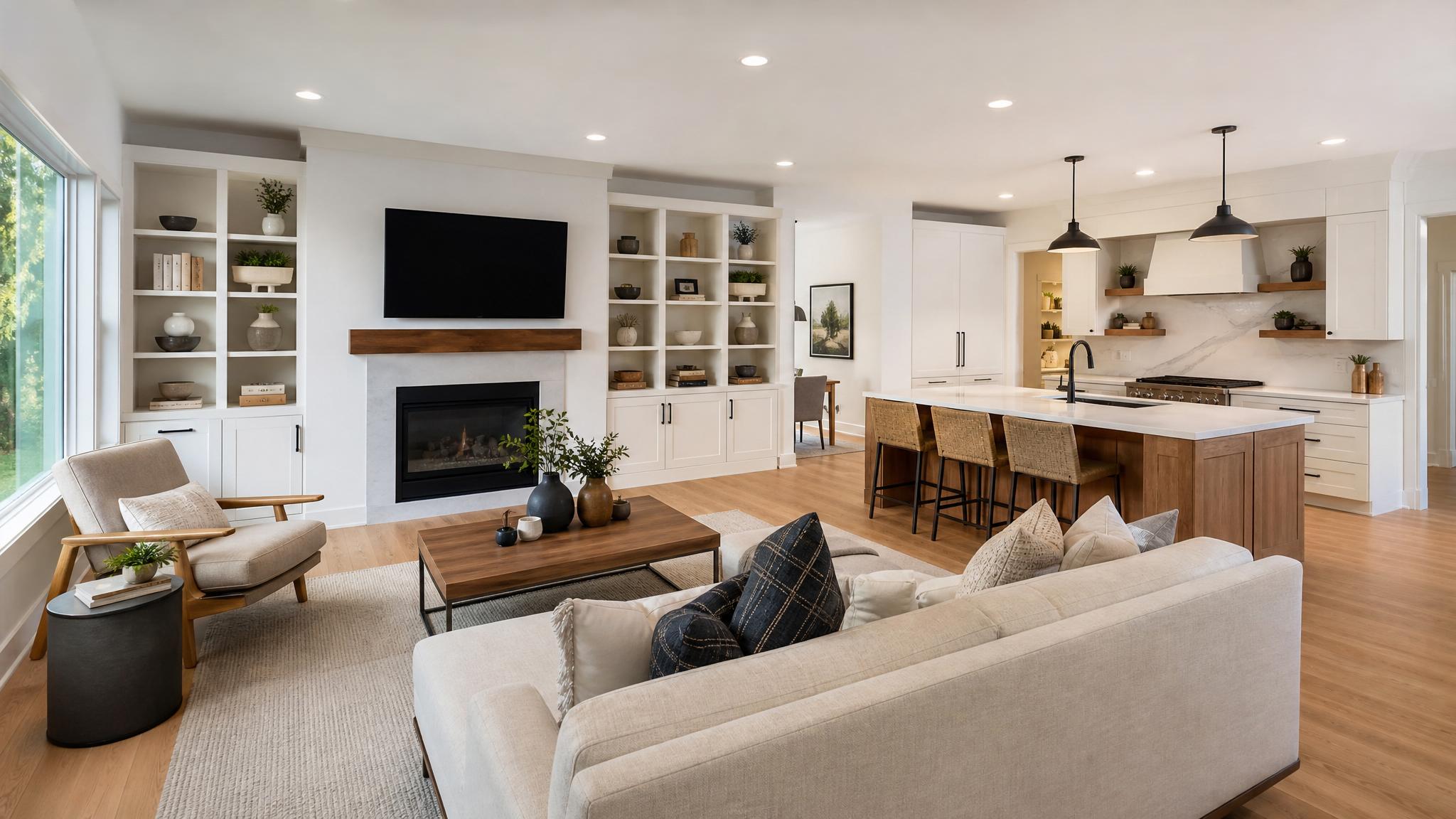 Digital rendering of the envisioned open-plan living room after transformation.