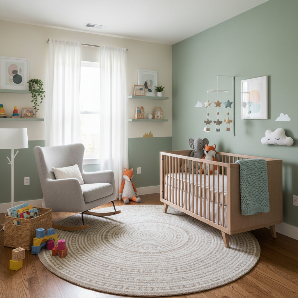 Image of a modern nursery with soothing colors and playful decorations.