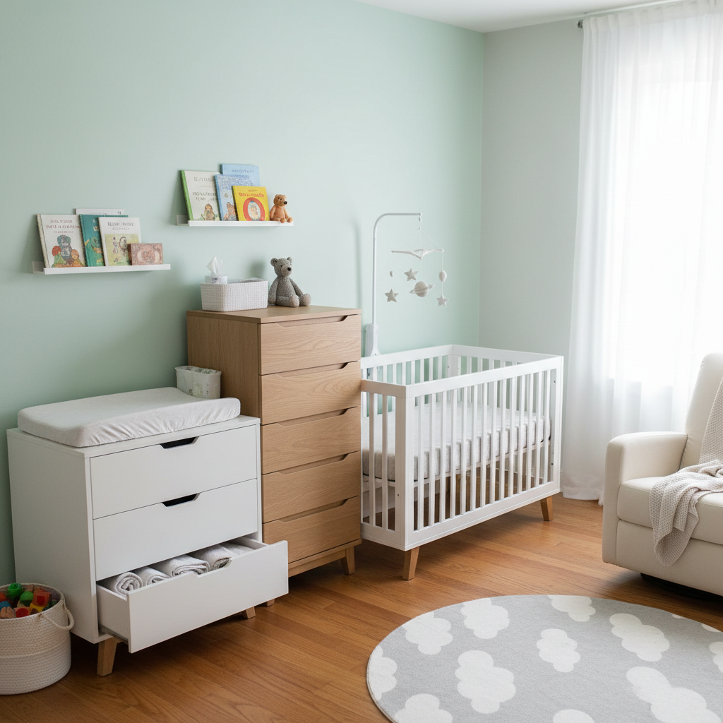 Visual representation of essential nursery furniture including a crib, changing table, and storage solutions.