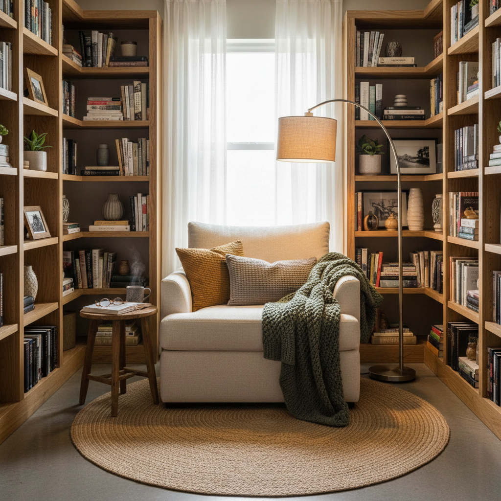 Cozy reading nook featuring a comfortable chair, soft throw blanket, and surrounding bookshelves.