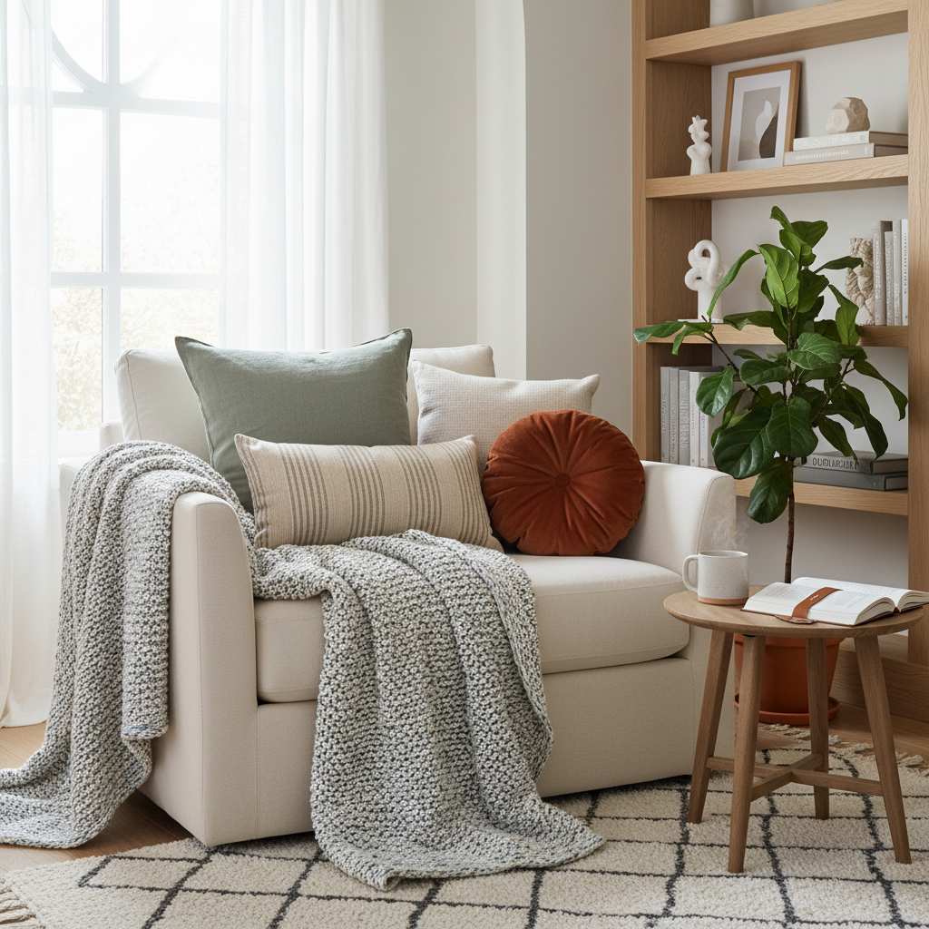 Reading nook with a layered setup of cushions and a stylish throw.