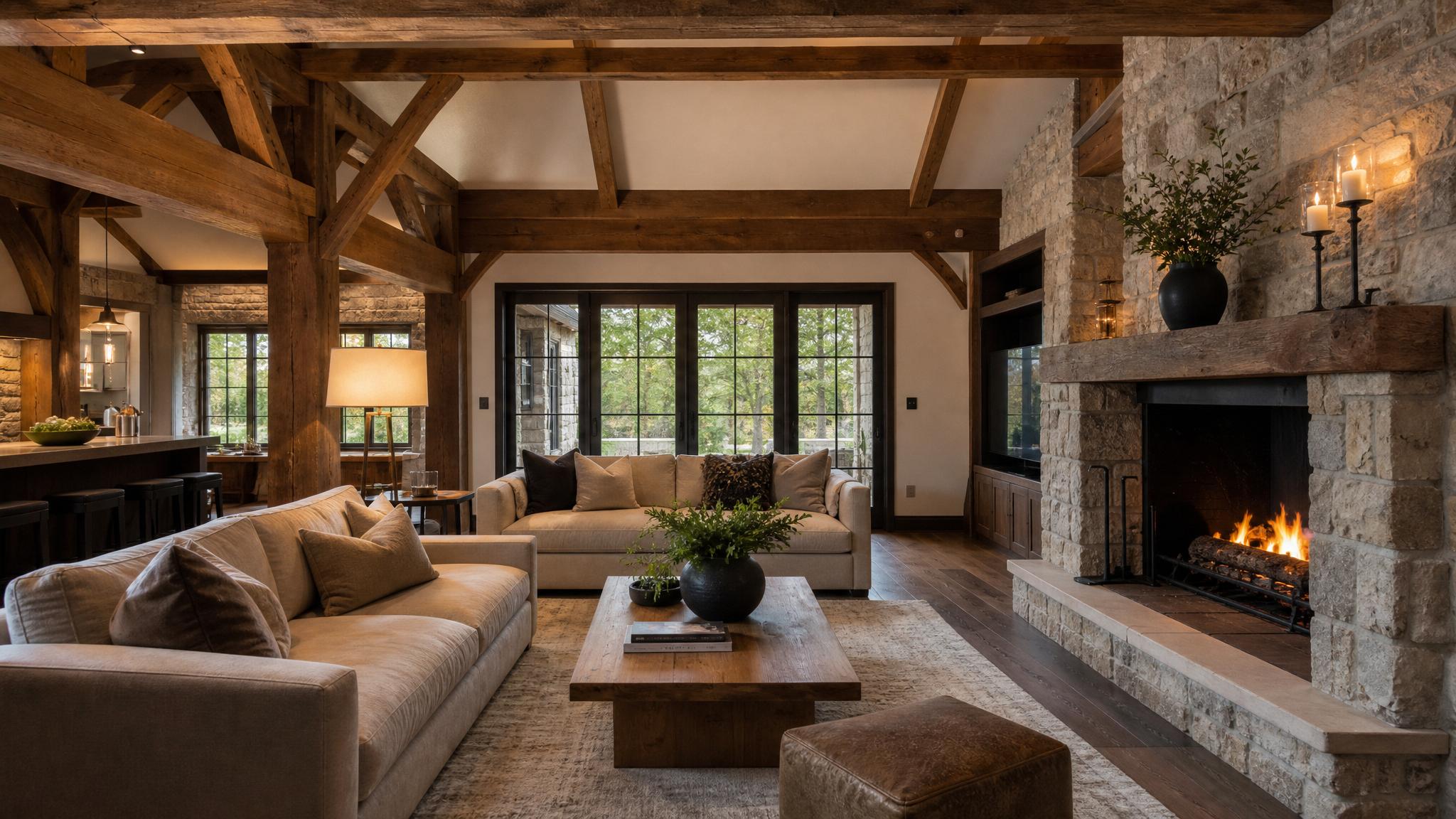 A cozy rustic living room with wooden beams, stone walls, and a fireplace.