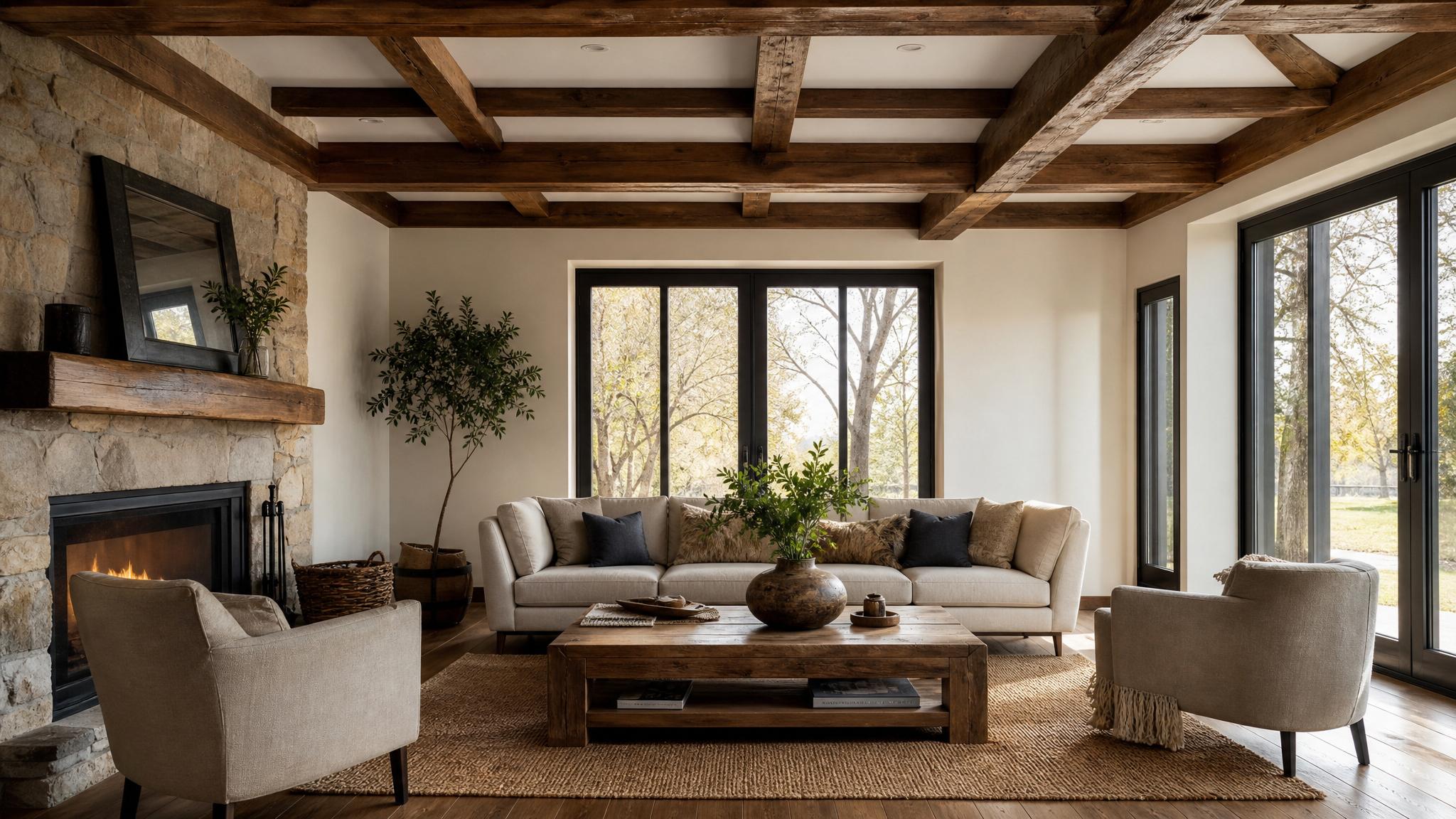 AI-generated rustic living room concept with cozy seating and natural finishes.