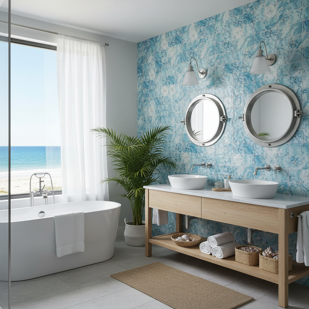 Coastal bathroom design featuring ocean-inspired tiles and a breezy atmosphere.