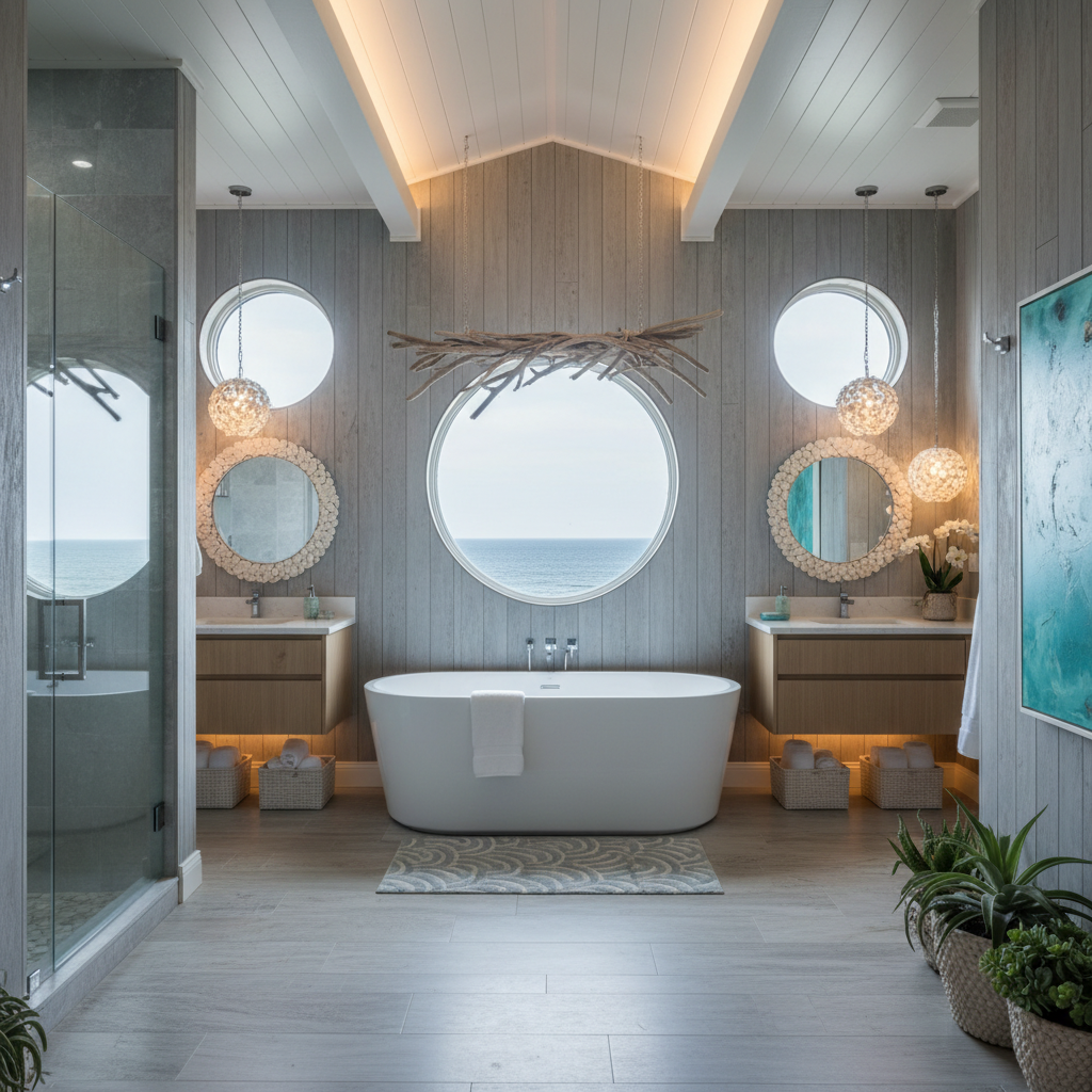 AI-generated coastal bathroom interior showcasing creative arrangements and color palettes.