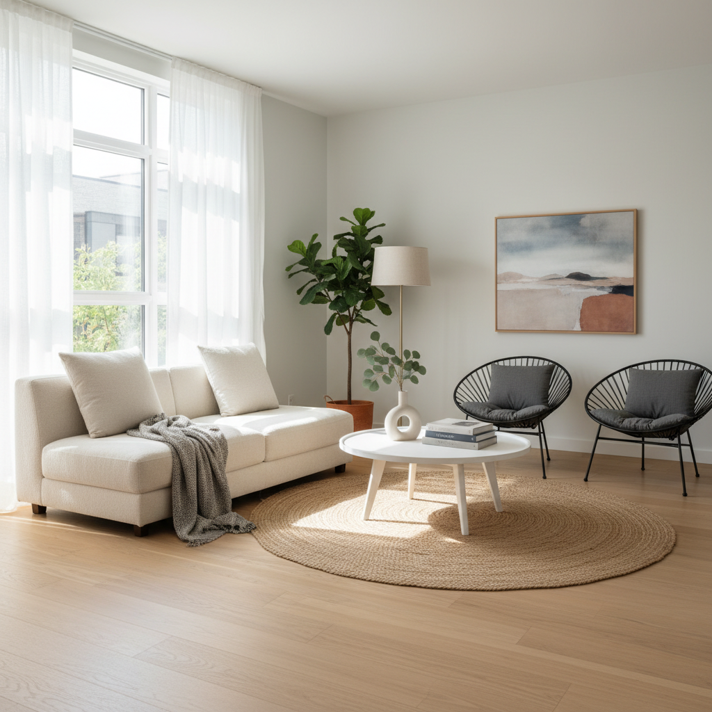 Minimalist staged living room with natural light