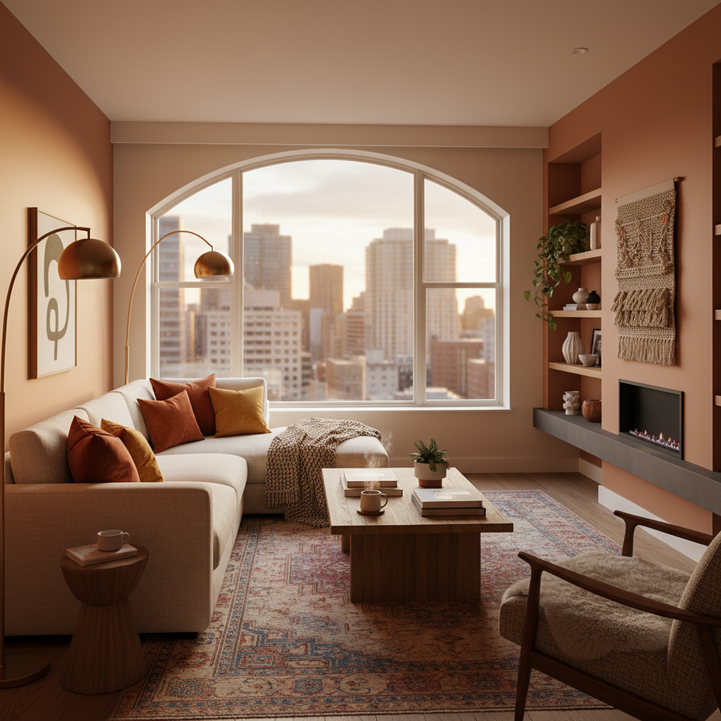 Cozy urban retreat living space staged with warm tones