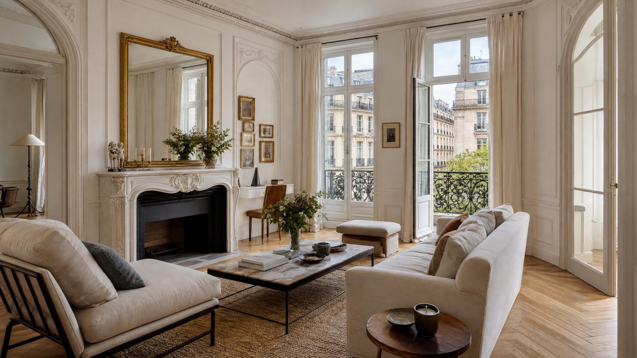 Elegant Parisian living room with classic and modern design elements.