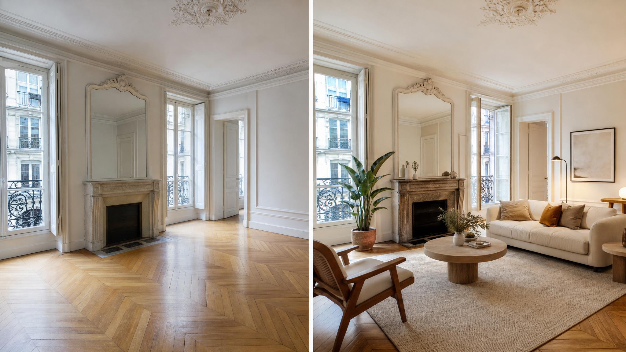 Before and after images of a virtually staged Parisian living room.
