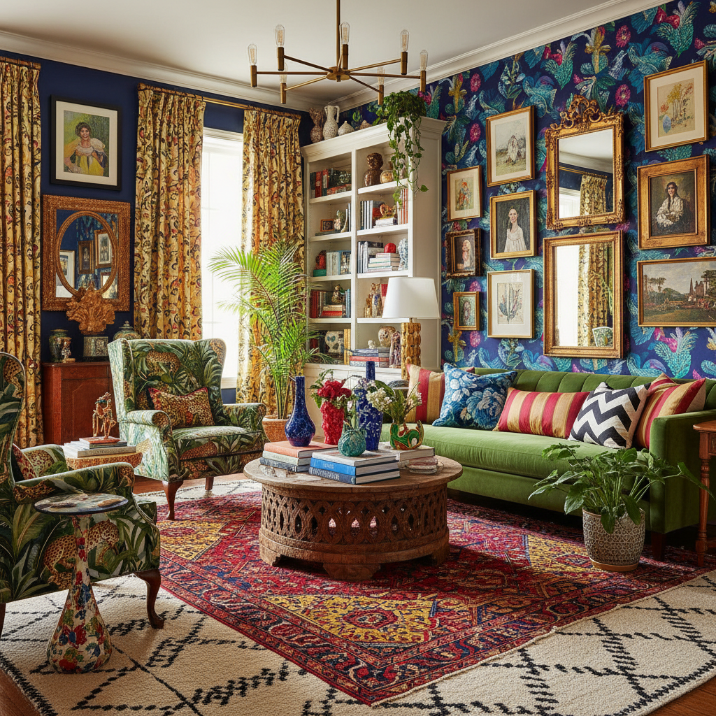 Maximalist living room with bold colors and mixed patterns